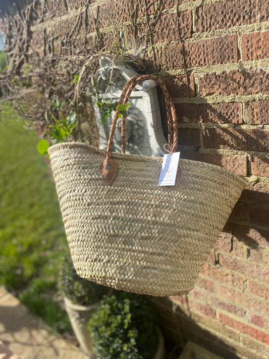 Handmade Moroccan Shopping Bag/ Basket with Leather Braided Straps