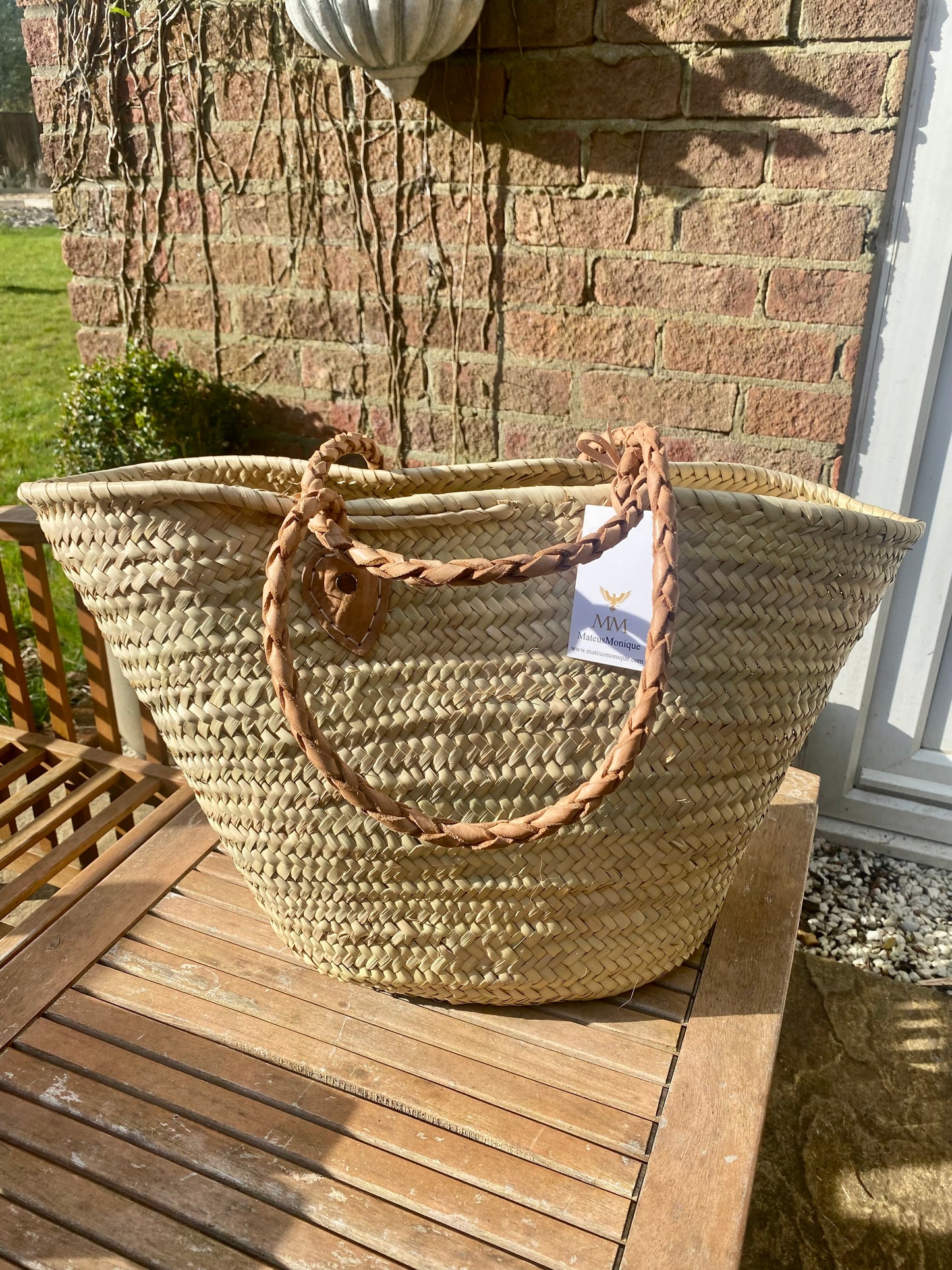 Handmade Moroccan Shopping Bag/ Basket with Leather Braided Straps